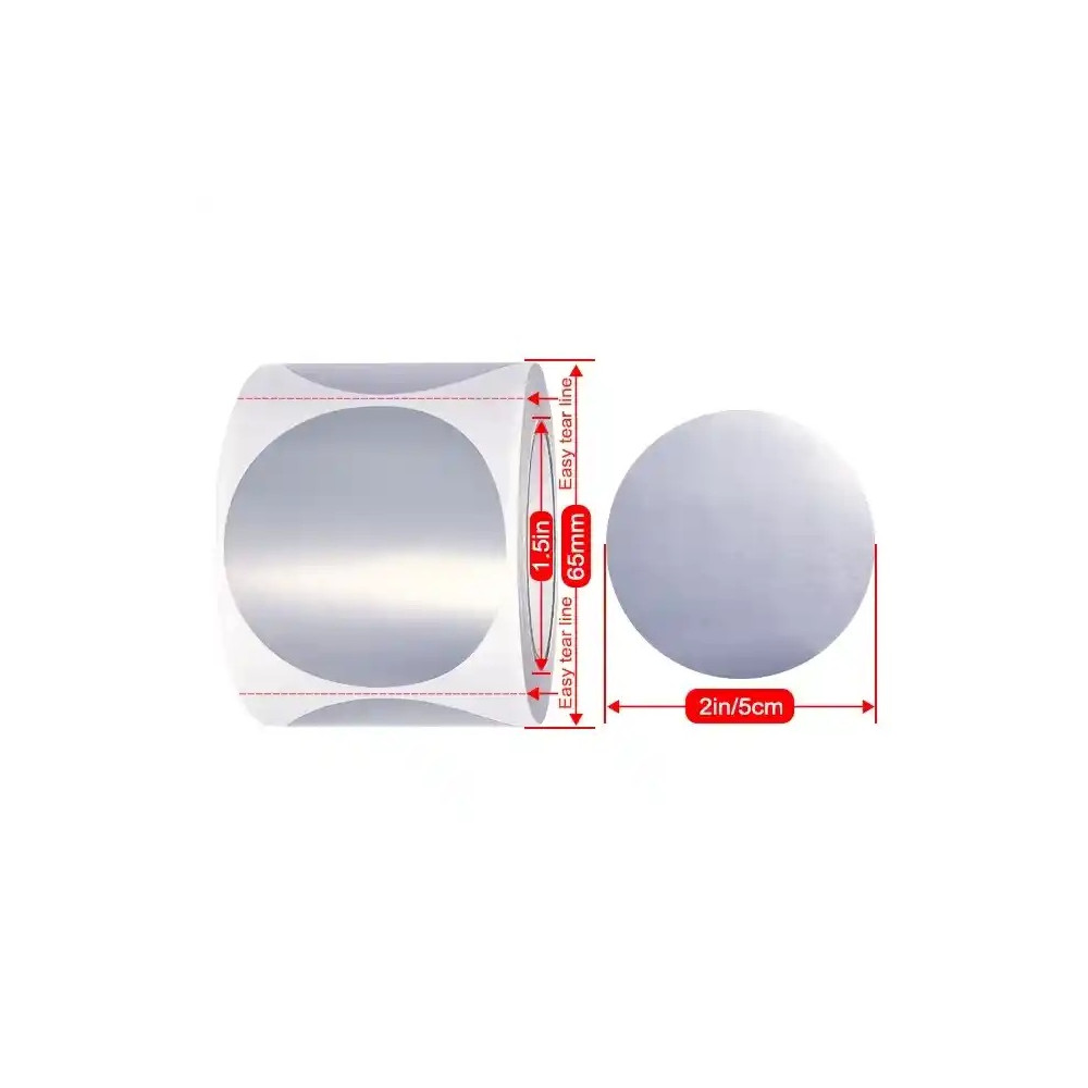 50mm silver round Polypropylene (water proof, tear proof and oil proof) thermal labels 500/roll