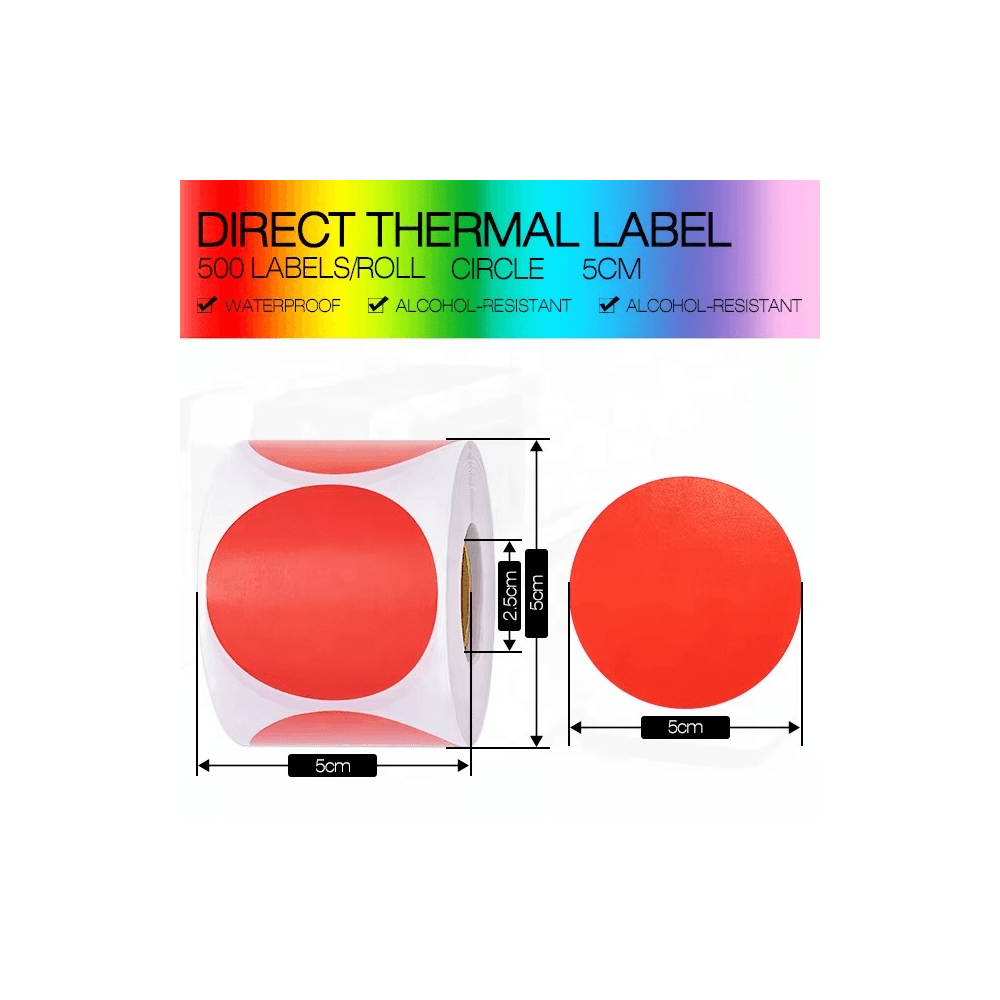 50mm red round Polypropylene (water proof, tear proof and oil proof) thermal labels 500/roll