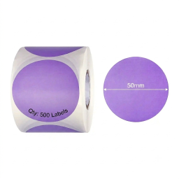 50mm purple round Polypropylene (water proof, tear proof and oil proof) thermal labels 500/roll
