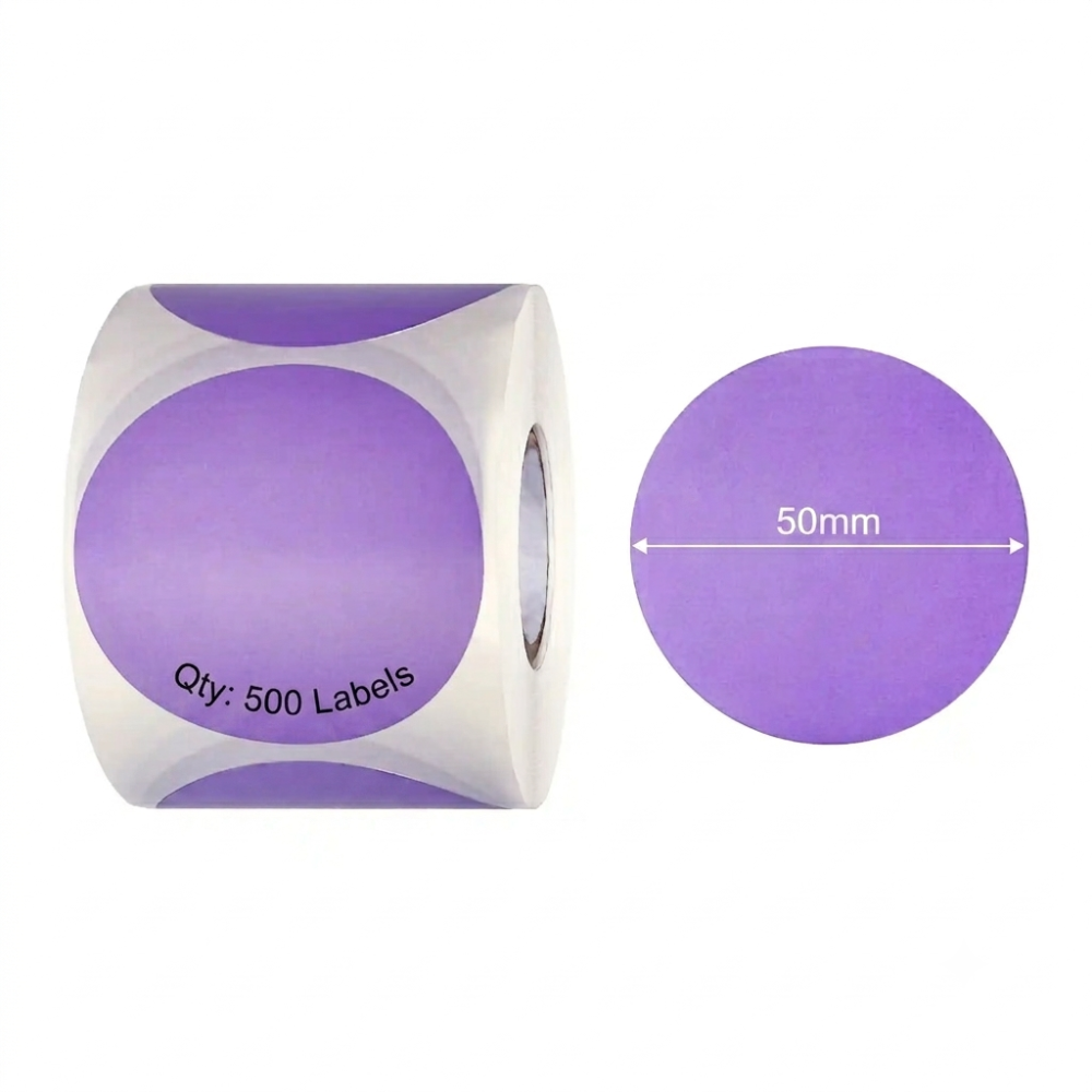 50mm purple round Polypropylene (water proof, tear proof and oil proof) thermal labels 500/roll