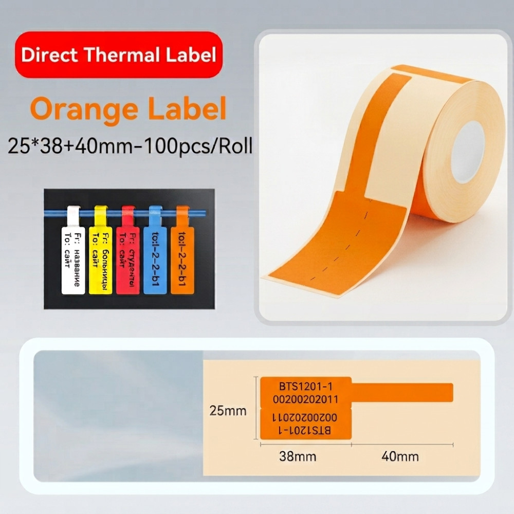 25*38 orange Polypropylene (water proof, tear proof and oil proof) thermal cable labels 100/roll