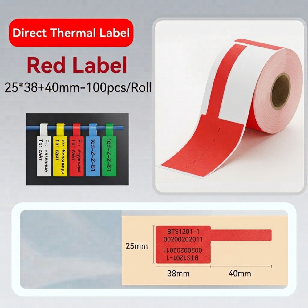 25*38 red Polypropylene (water proof, tear proof and oil proof) thermal cable labels 100/roll