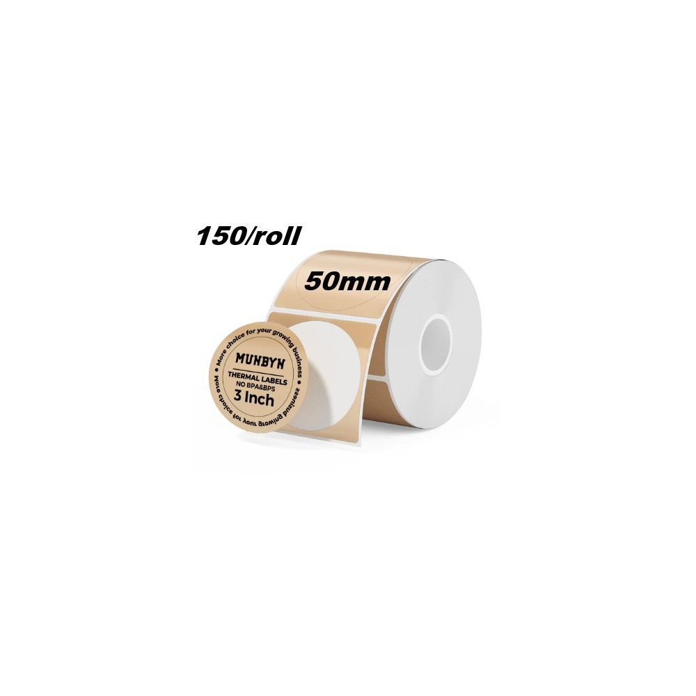 50mm round kraft Polypropylene (water proof, tear proof and oil proof) thermal labels 150/roll