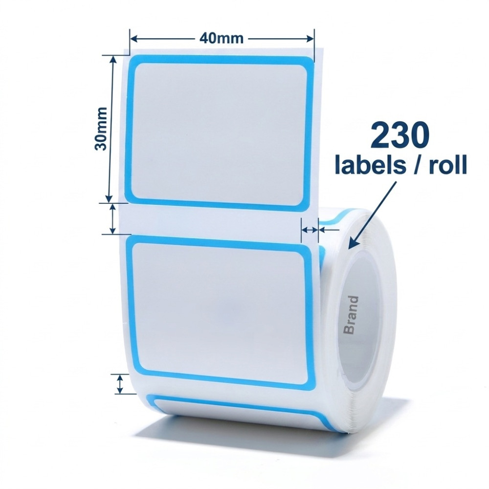 40*30 white blue frame Polypropylene (water proof, tear proof and oil proof) thermal labels 230/roll