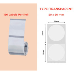 50mm round transparent Polypropylene (water proof, tear proof and oil proof) thermal labels 150/roll