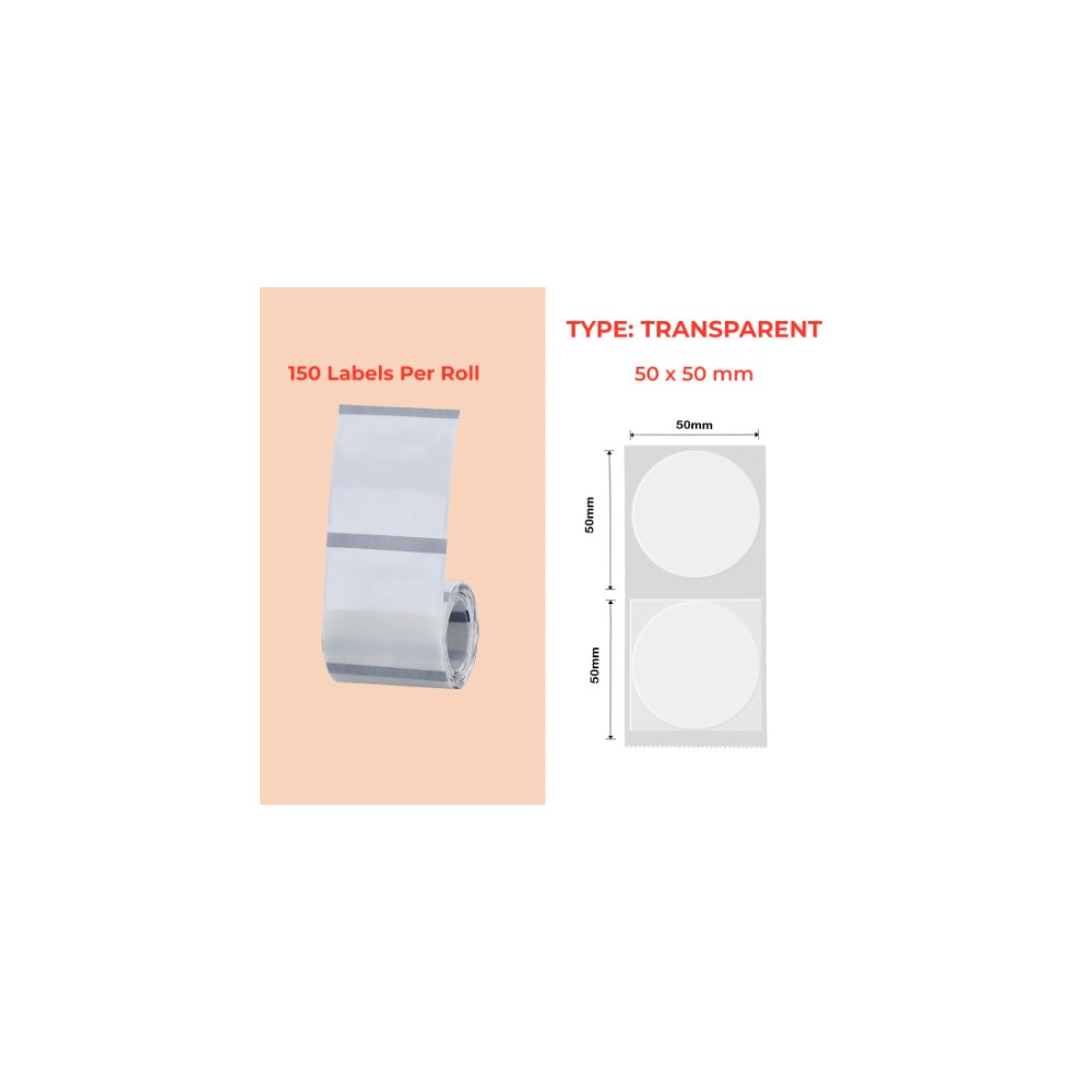50mm round transparent Polypropylene (water proof, tear proof and oil proof) thermal labels 150/roll