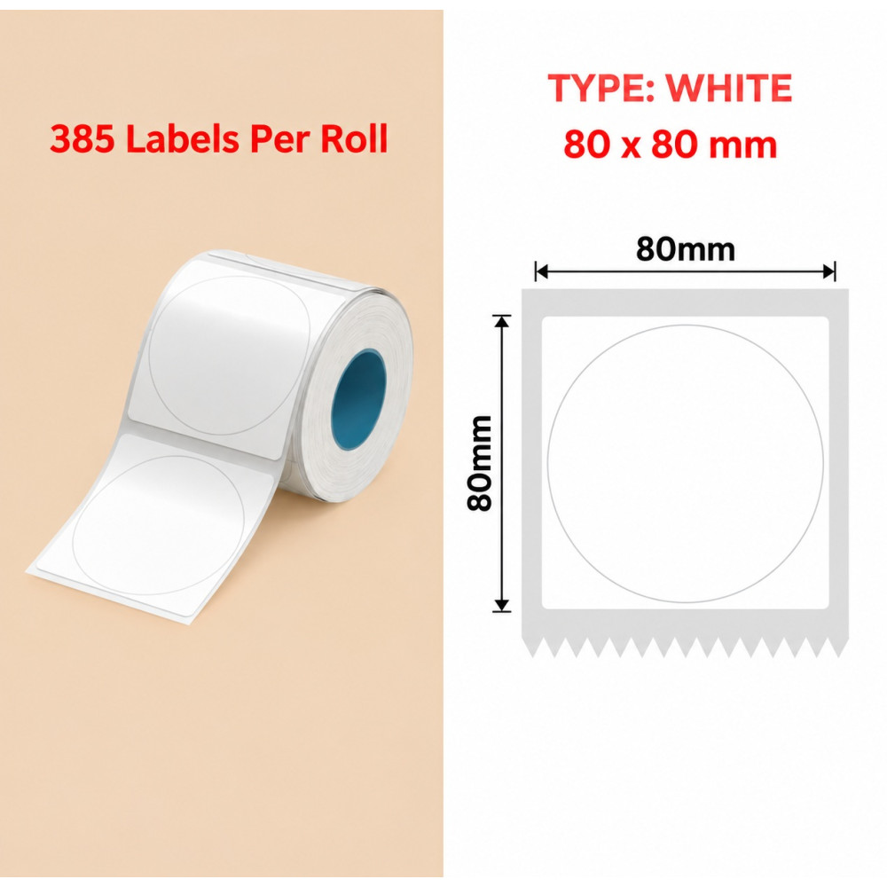 80mm round white Polypropylene (water proof, tear proof and oil proof) thermal labels 385/roll
